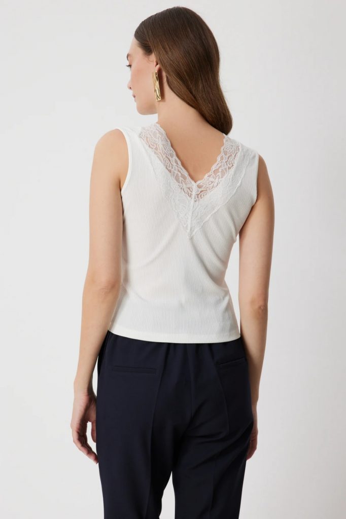 ON TRİKO Dantel Detaylı V Yaka Bluz 71420 - Beyaz