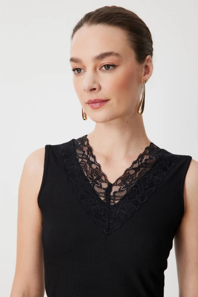 ON TRİKO Dantel Detaylı V Yaka Bluz 71420 - Siyah