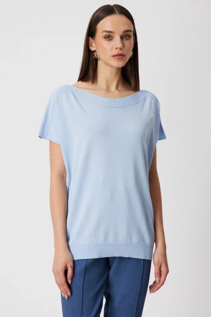 ON TRİKO Kayık Yaka Kısa Kollu Bluz 76370 - MAVİ