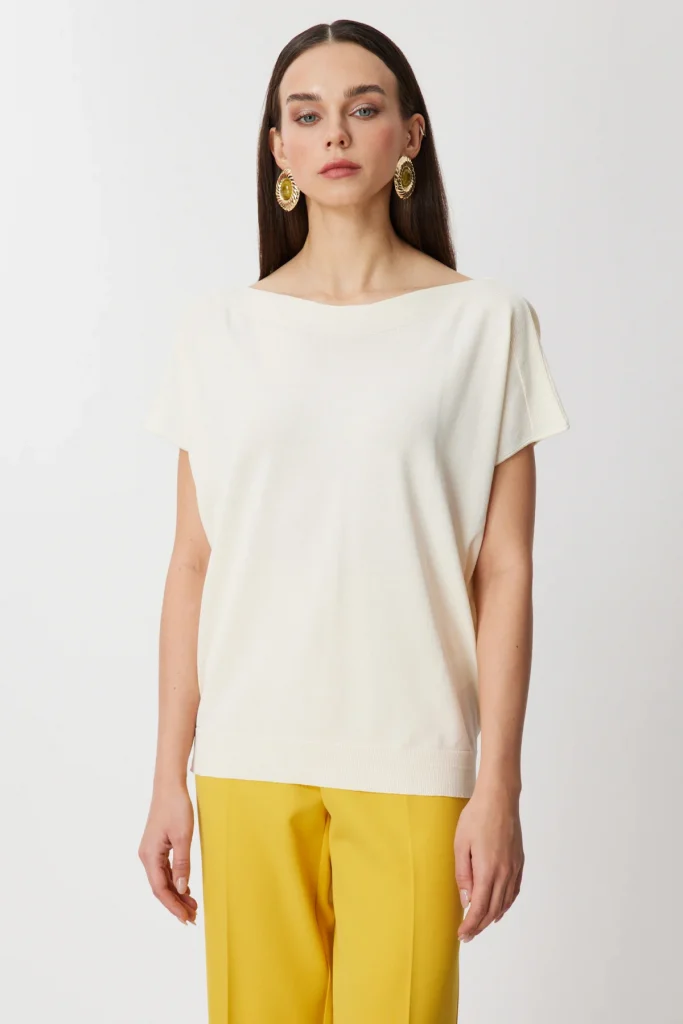 ON TRİKO Kayık Yaka Kısa Kollu Bluz 76370 - EKRU