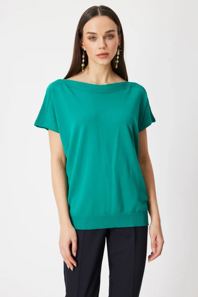 ON TRİKO Kayık Yaka Kısa Kollu Bluz 76370 - YEŞİL