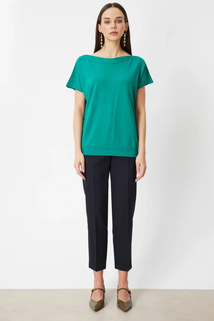 ON TRİKO Kayık Yaka Kısa Kollu Bluz 76370 - YEŞİL