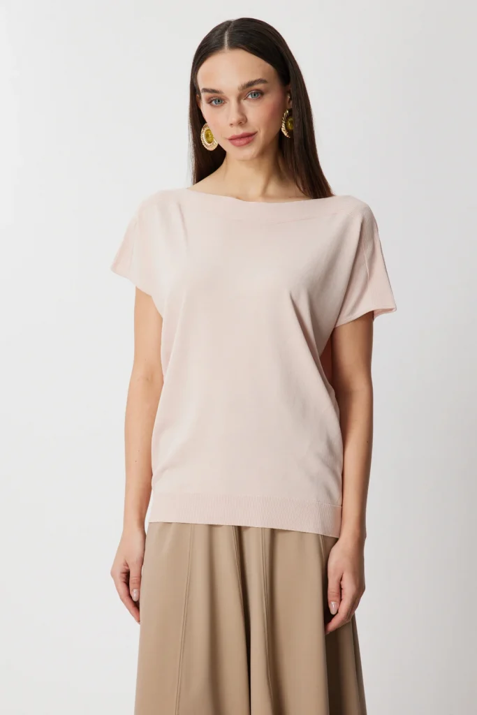 ON TRİKO Kayık Yaka Kısa Kollu Bluz 76370 - PUDRA
