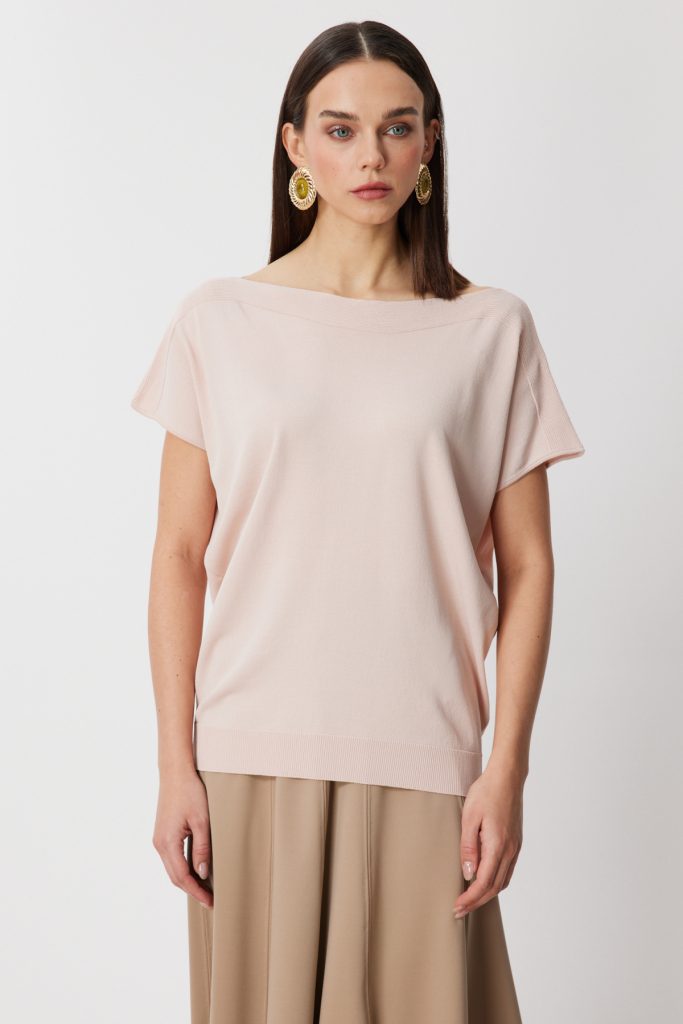ON TRİKO Kayık Yaka Kısa Kollu Bluz 76370 - PUDRA