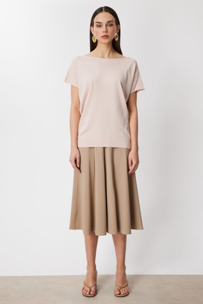 ON TRİKO Kayık Yaka Kısa Kollu Bluz 76370 - PUDRA