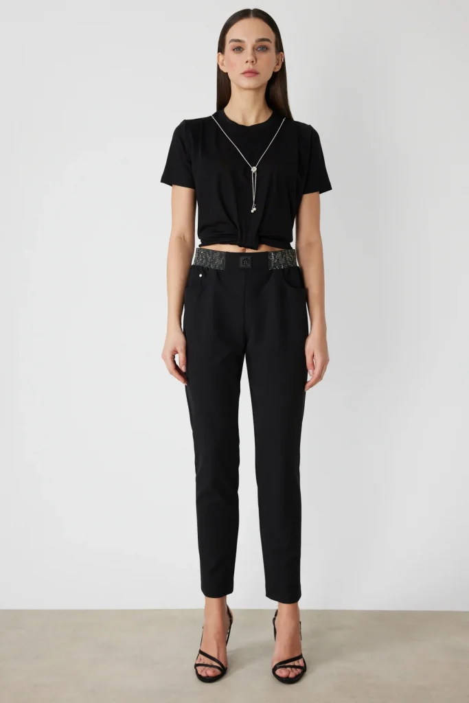 ON TRİKO Beli Taş İşlemeli Dar Paça Pantolon 78103 - Siyah
