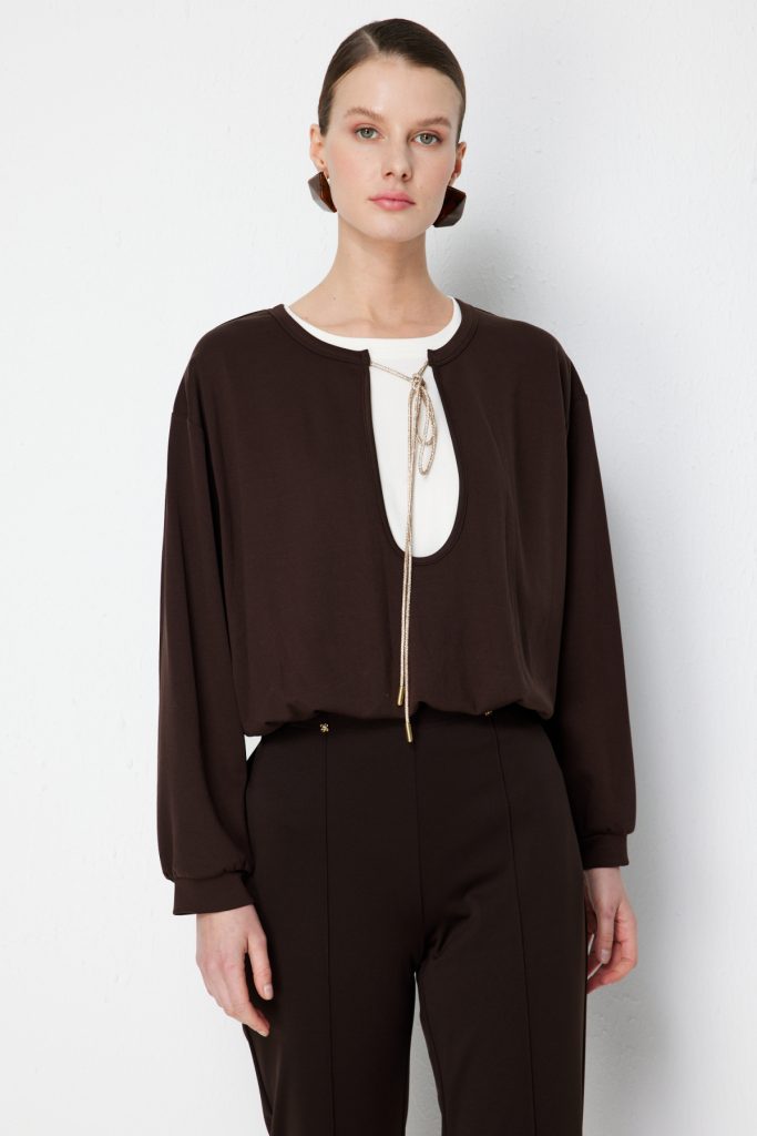 ON TRİKO Beli Lastikli Zincirli Crop Sweat 76329 - kahve