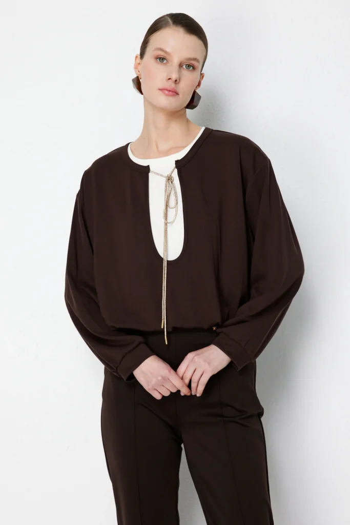 ON TRİKO Beli Lastikli Zincirli Crop Sweat 76329 - kahve