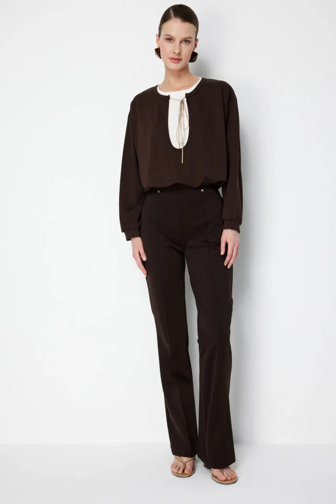 ON TRİKO Beli Lastikli Zincirli Crop Sweat 76329 - kahve