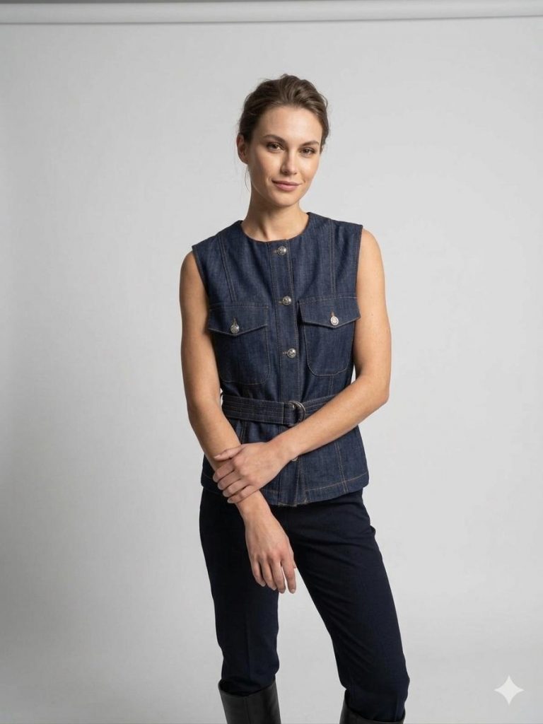 ON TRİKO Kemer Detaylı Kot Yelek 70903 - İNDİGO