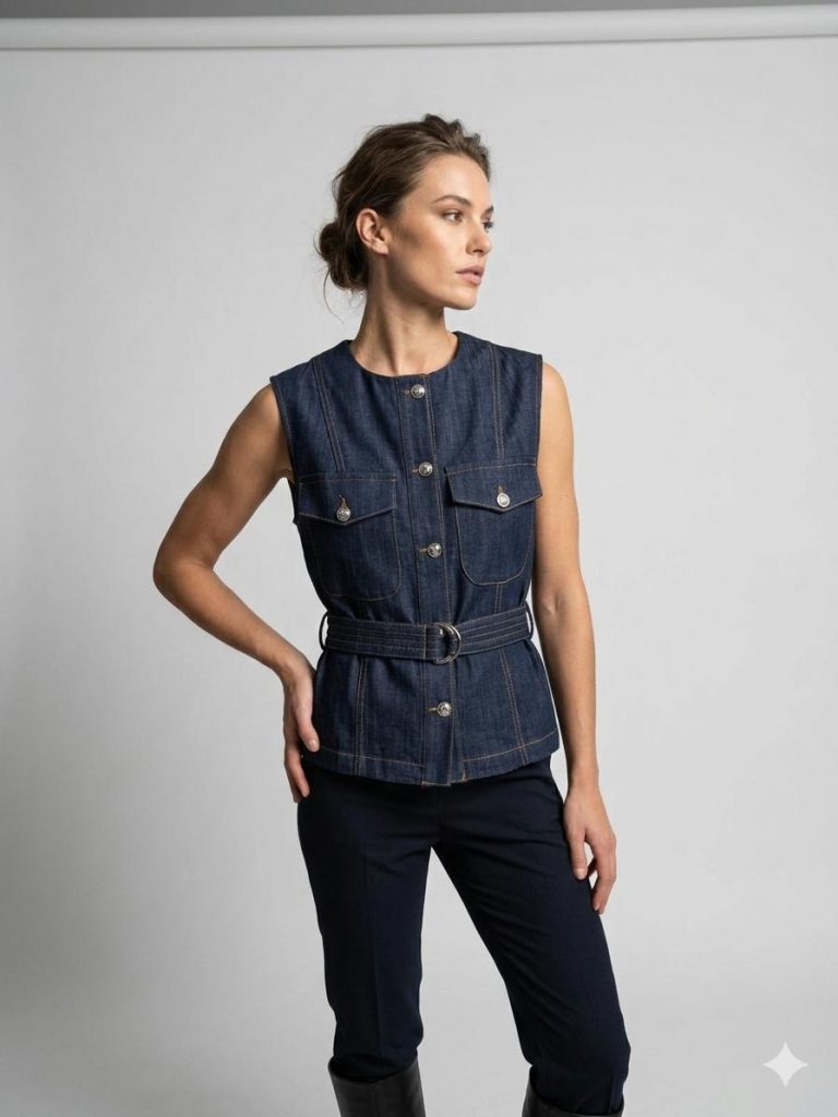 ON TRİKO Kemer Detaylı Kot Yelek 70903 - İNDİGO