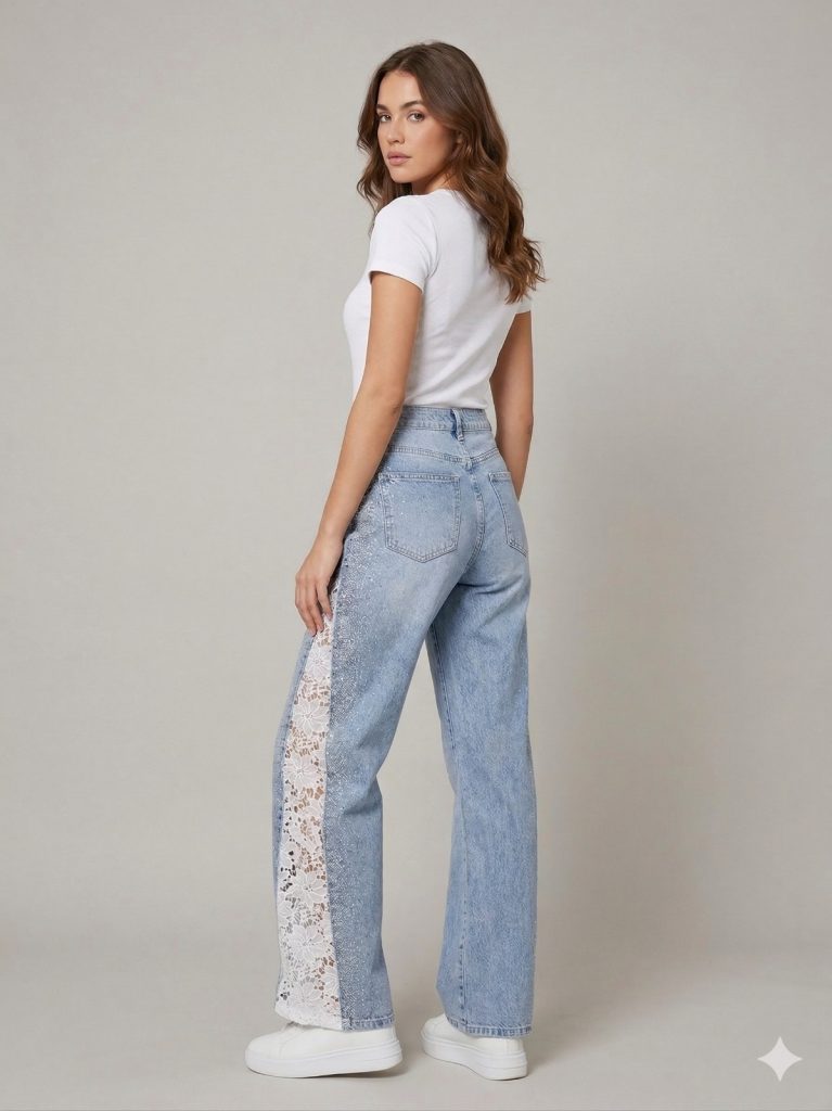 ONİX Taş Detaylı  & Dantel İşlemeli Pantolon  1056 - MAVİ