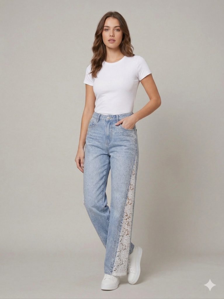 ONİX Taş Detaylı  & Dantel İşlemeli Pantolon  1056 - MAVİ