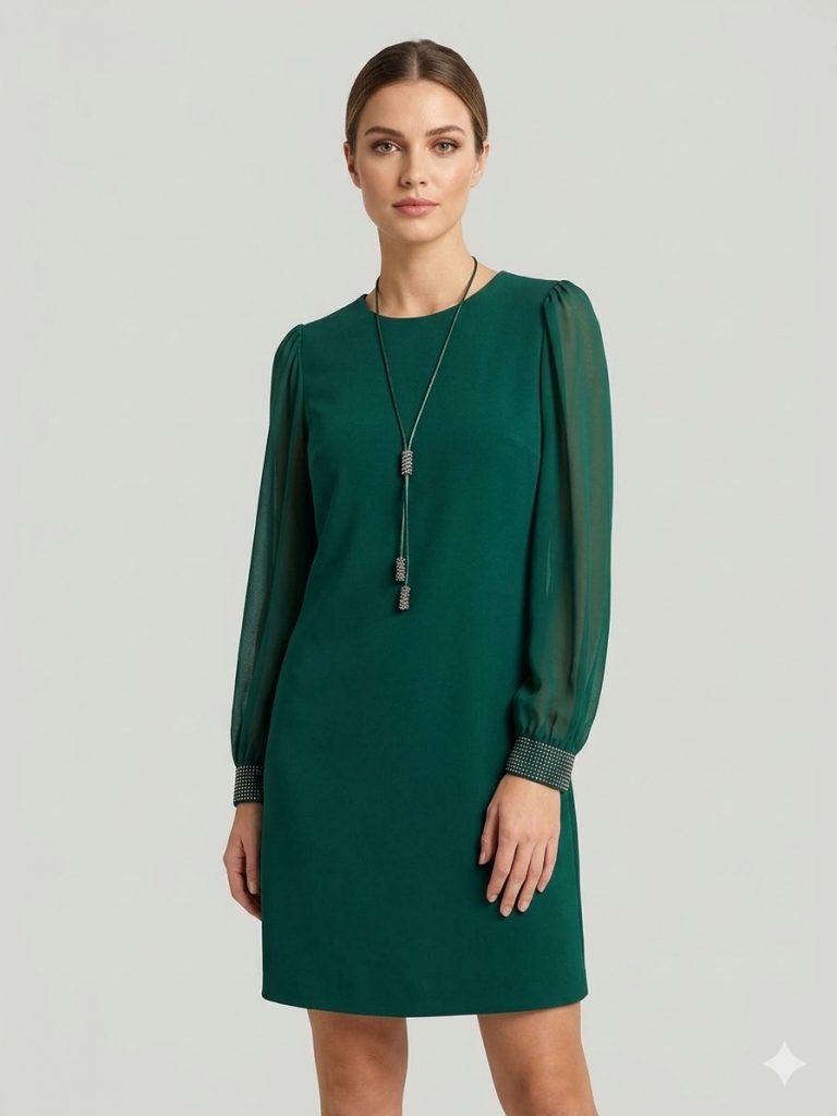 SENSILINE Kolları ve Sırtı Taşlı Elbise 7373 - ZÜMRÜT