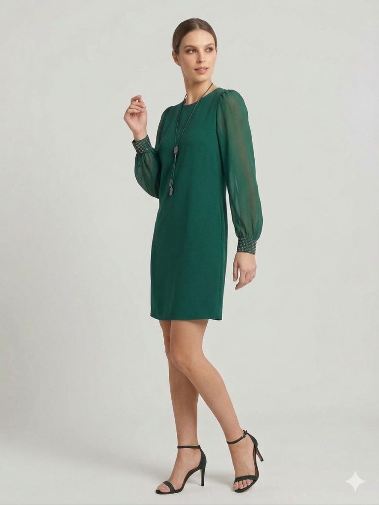 SENSILINE Kolları ve Sırtı Taşlı Elbise 7373 - ZÜMRÜT