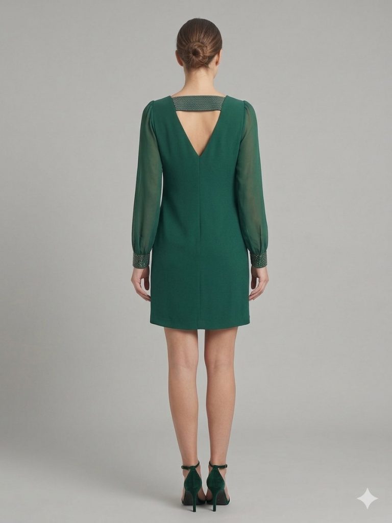 SENSILINE Kolları ve Sırtı Taşlı Elbise 7373 - ZÜMRÜT