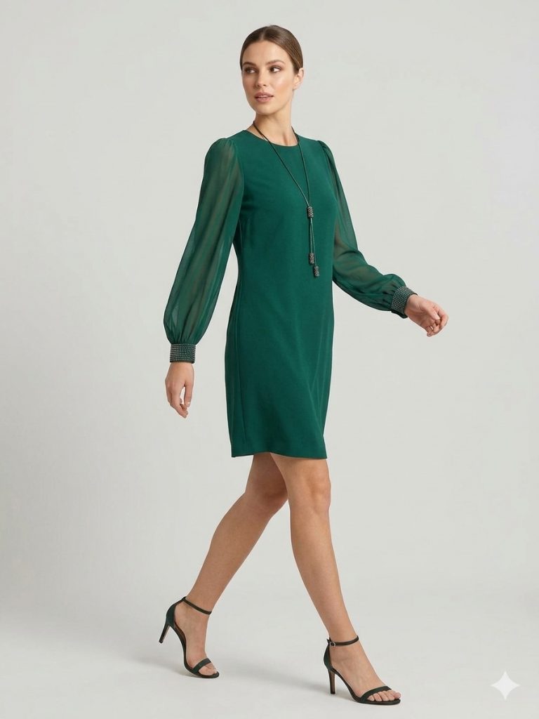 SENSILINE Kolları ve Sırtı Taşlı Elbise 7373 - ZÜMRÜT