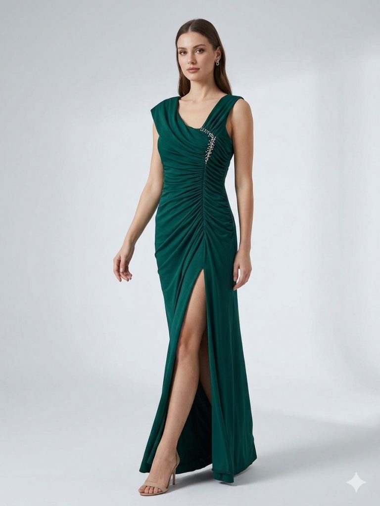 ŞEREF VURAL Kendinden Taş Detaylı Abiye Elbise  7994 B.B - YEŞİL