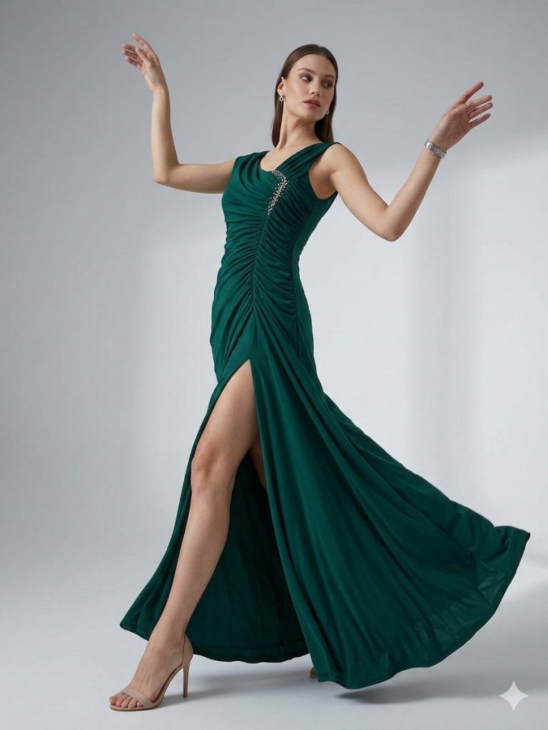 ŞEREF VURAL Kendinden Taş Detaylı Abiye Elbise  7994 B.B - YEŞİL