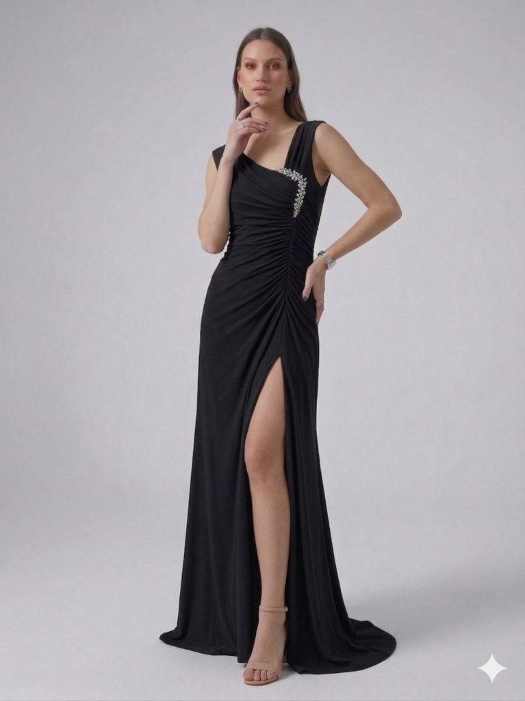 ŞEREF VURAL Kendinden Taş Detaylı Abiye Elbise  7994 B.B - Siyah