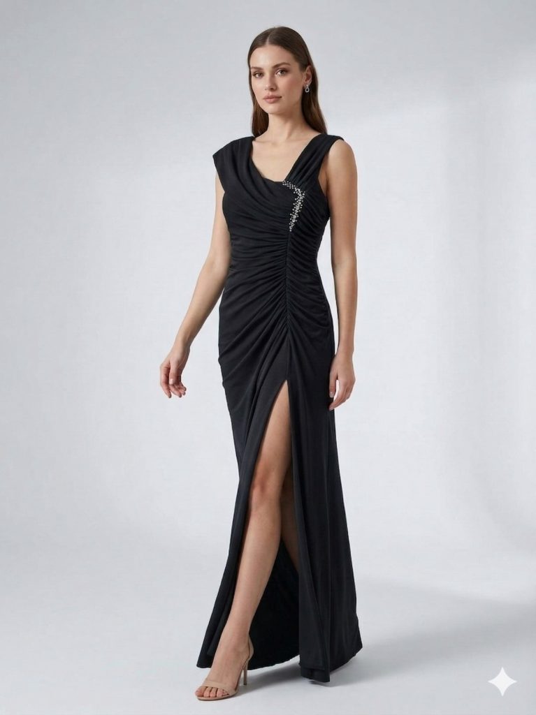 ŞEREF VURAL Kendinden Taş Detaylı Abiye Elbise  7994 B.B - Siyah