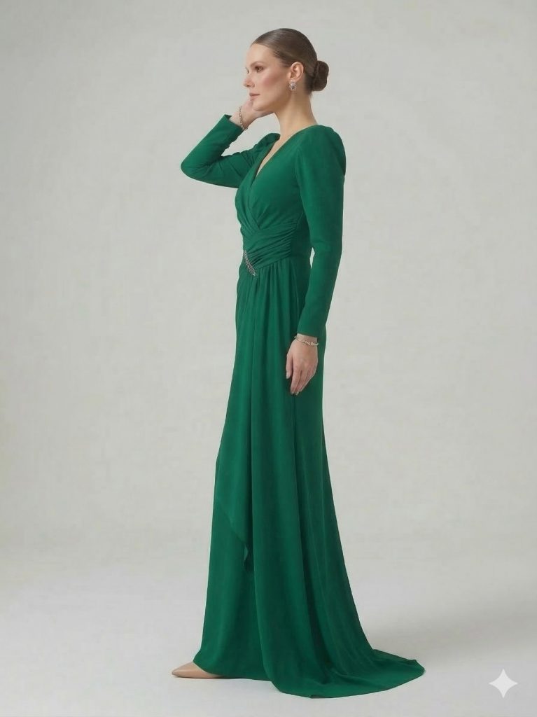 ŞEREF VURAL Taş Detaylı V Yaka Abiye Elbise 8091 B.B - YEŞİL