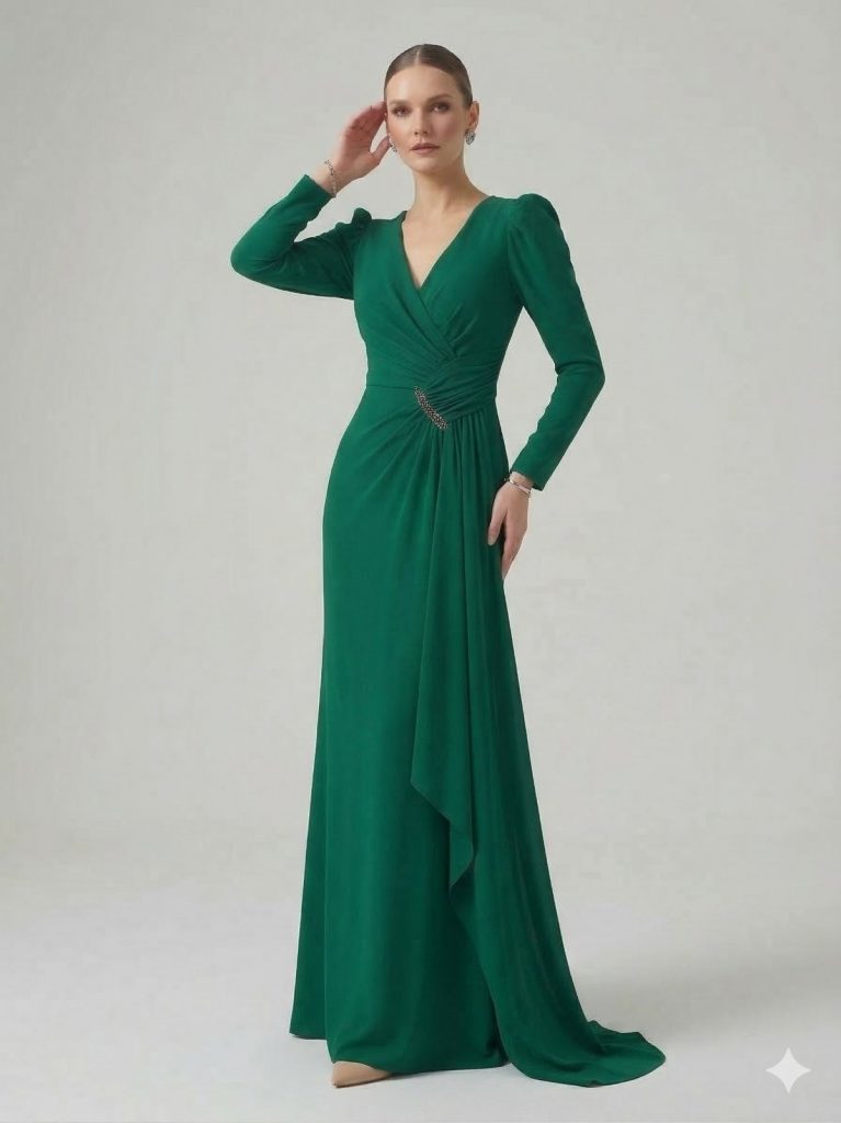 ŞEREF VURAL Taş Detaylı V Yaka Abiye Elbise 8091 B.B - YEŞİL