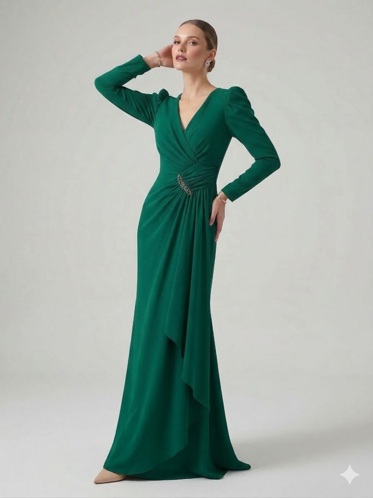 ŞEREF VURAL Taş Detaylı V Yaka Abiye Elbise 8091 B.B - YEŞİL