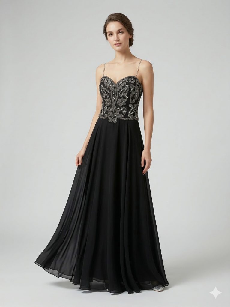 ŞEREF VURAL  Kendinden Taş İşlemeli Abiye Elbise 8119 - Siyah