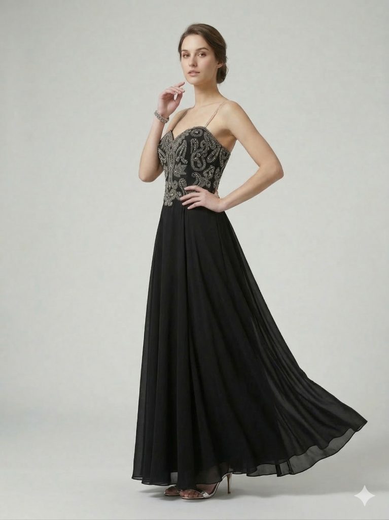 ŞEREF VURAL  Kendinden Taş İşlemeli Abiye Elbise 8119 - Siyah