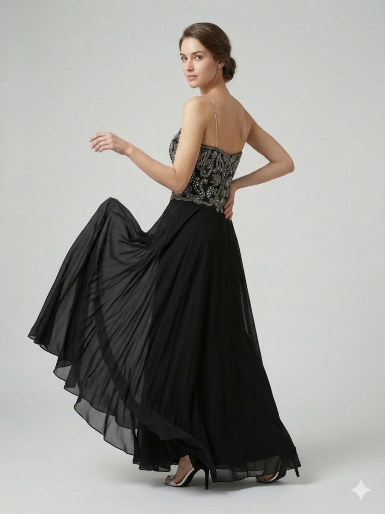 ŞEREF VURAL  Kendinden Taş İşlemeli Abiye Elbise 8119 - Siyah