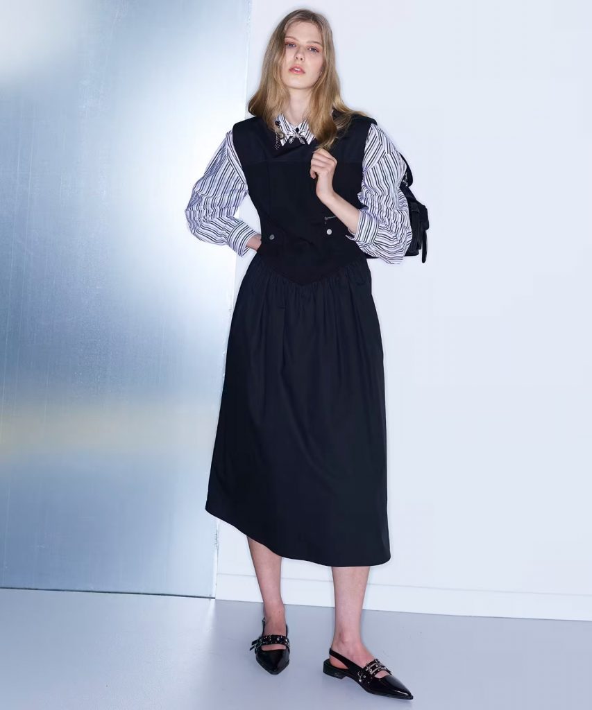 TWIST Korse Efektli Kumaş Mix Elbise TS1260002192 - Siyah