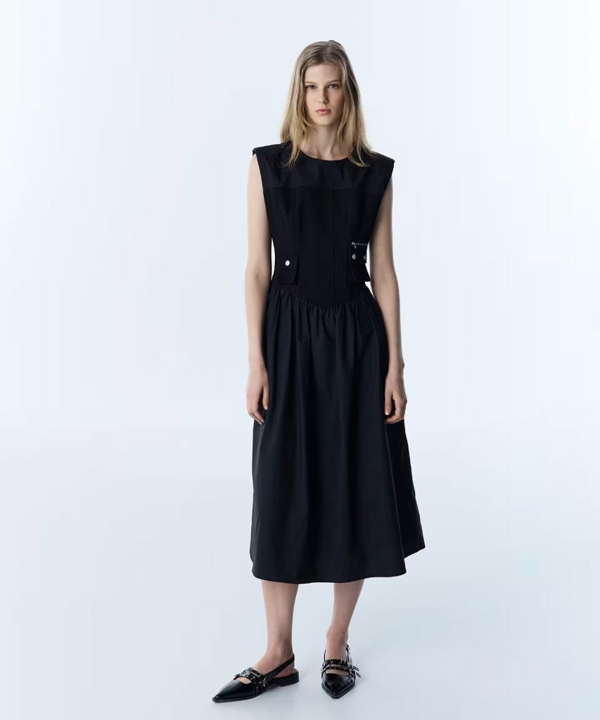 TWIST Korse Efektli Kumaş Mix Elbise TS1260002192 - Siyah