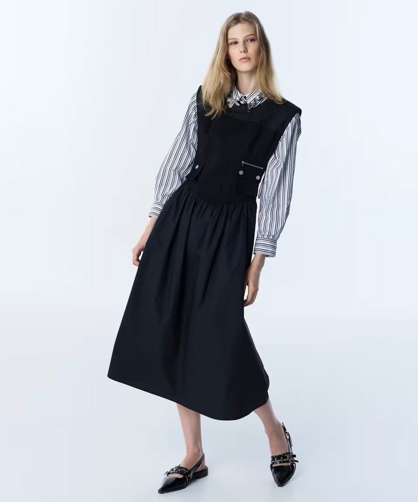 TWIST Korse Efektli Kumaş Mix Elbise TS1260002192 - Siyah