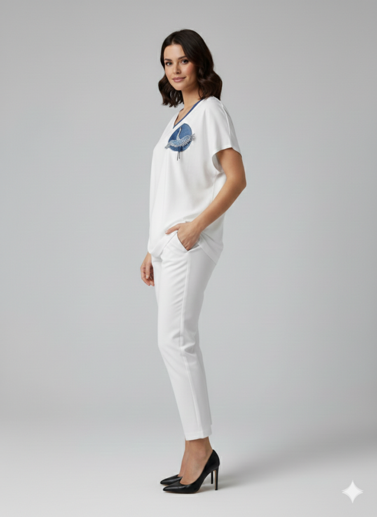 VEDİ V Yaka Boncuk İşlemeli T-shirt 7043