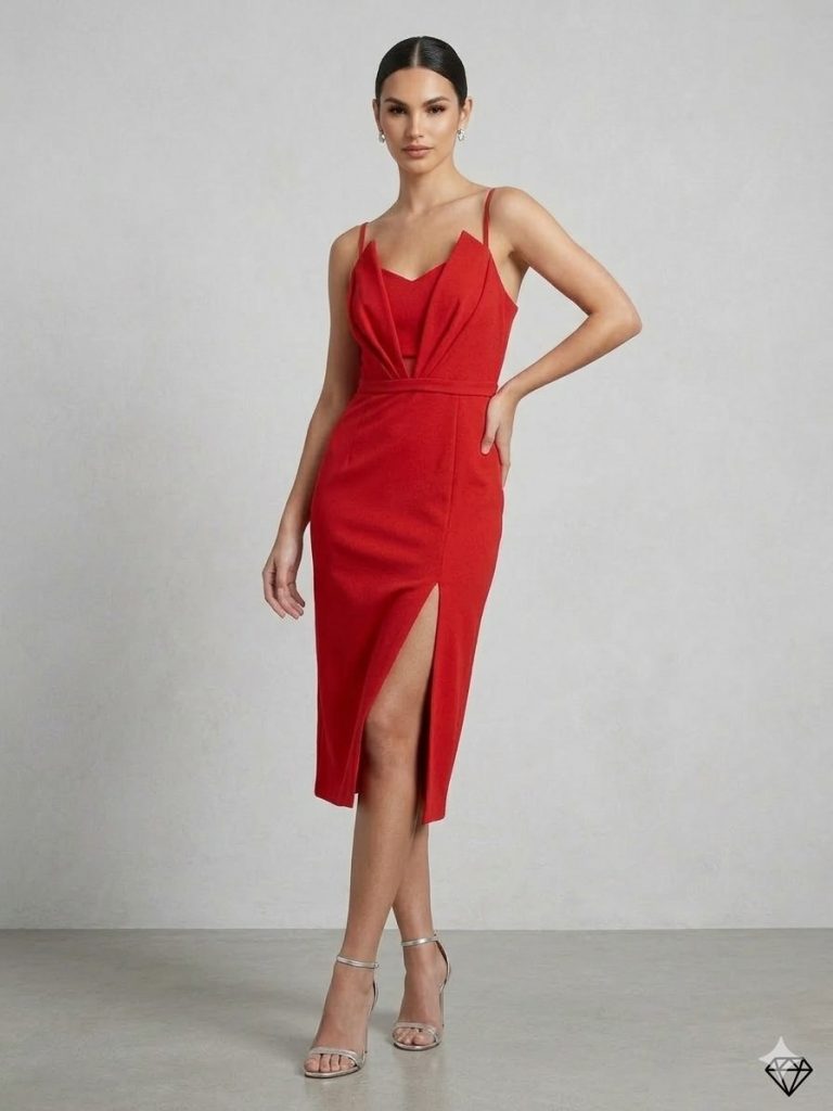 ZMS Yırtmaç Detaylı Askılı Elbise 8108 - NAR ÇİÇEĞİ