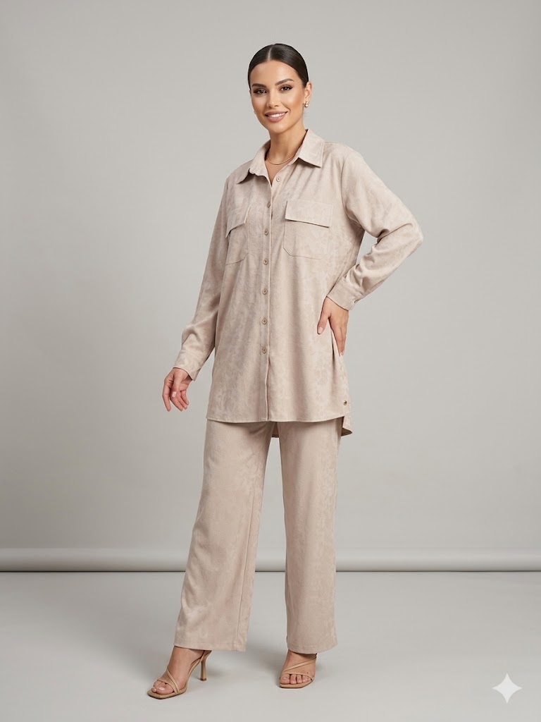 SEDNA Kendinden Desen İşlemeli Gömlek 7013 - BEJ