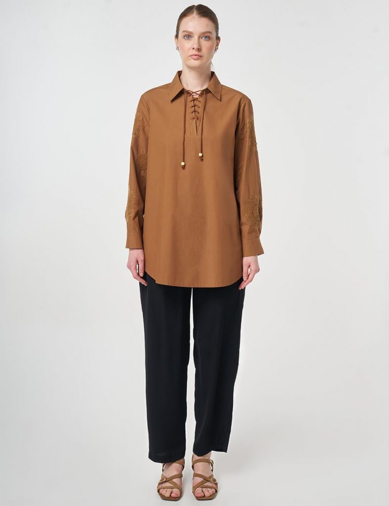 KAYRA %100 Pamuklu Bağcıklı Tunik 21119 - kahve