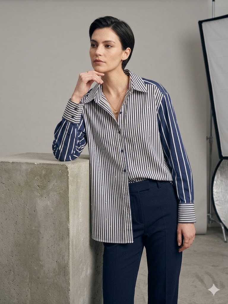 GİLDA Taş İşlemeli Çizgli Gömlek 40352 - Lacivert