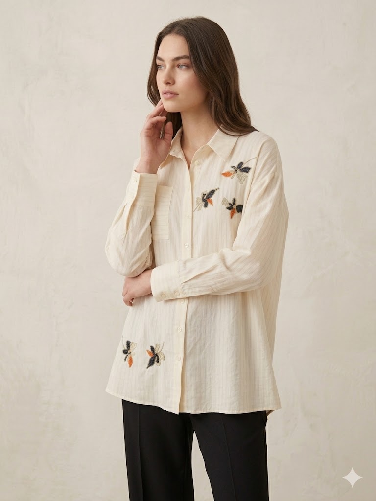 KAYRA Çiçek Detaylı Nakış İşlemeli Gömlek 11043 - KREM