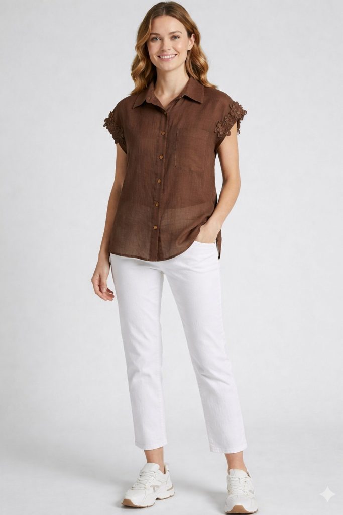 FEVER Kolları Çiçekli Bluz 7023 - kahve