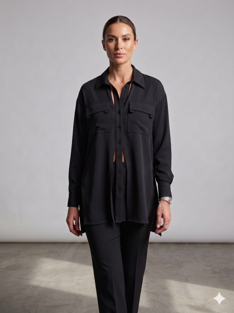 ALBA CHEEYA Göğüs Dekolteli Kapak Cepli Gömlek 6601 - Siyah