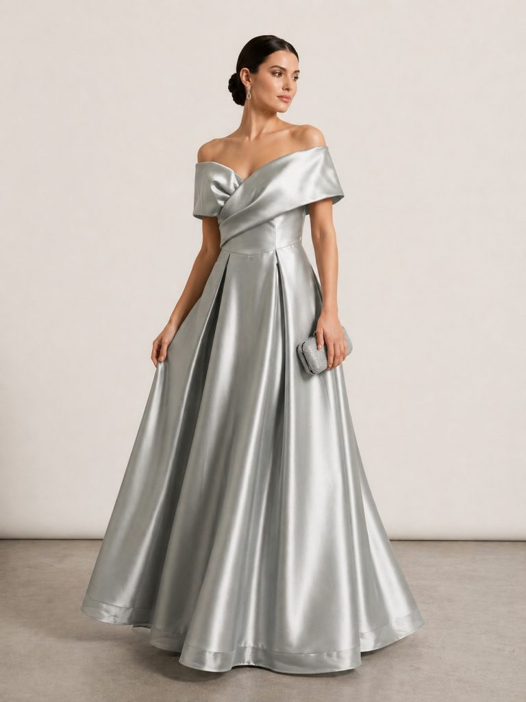 ŞEREF VURAL "Kadın Pudra Düşük Omuz Kruvaze Detaylı Saten Abiye Elbise" 8415 - HAKİ