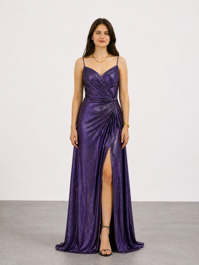 FOR COSTUME Yırtmaç Detaylı Abiye Elbise 10032 - Mor