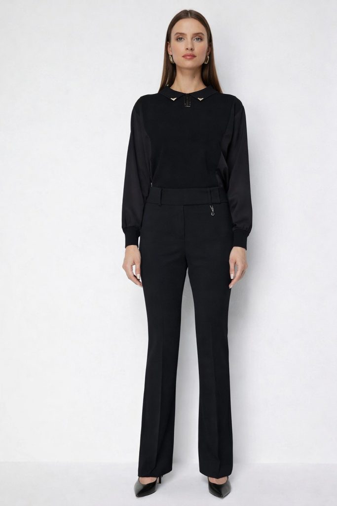 EKOL Metal Aksesuarlı İspanyol Paça Pantolon 4044 - Siyah