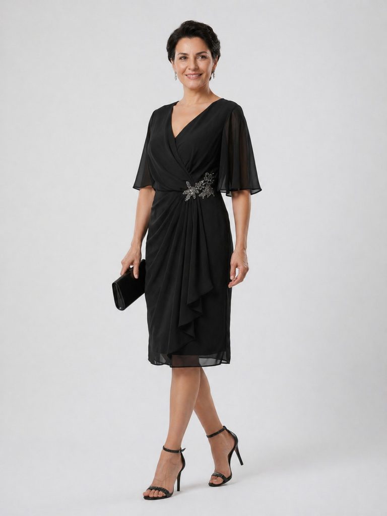 CENTİLMEN Kruvaze Yaka Drapeli Midi Elbise 40384 - Siyah