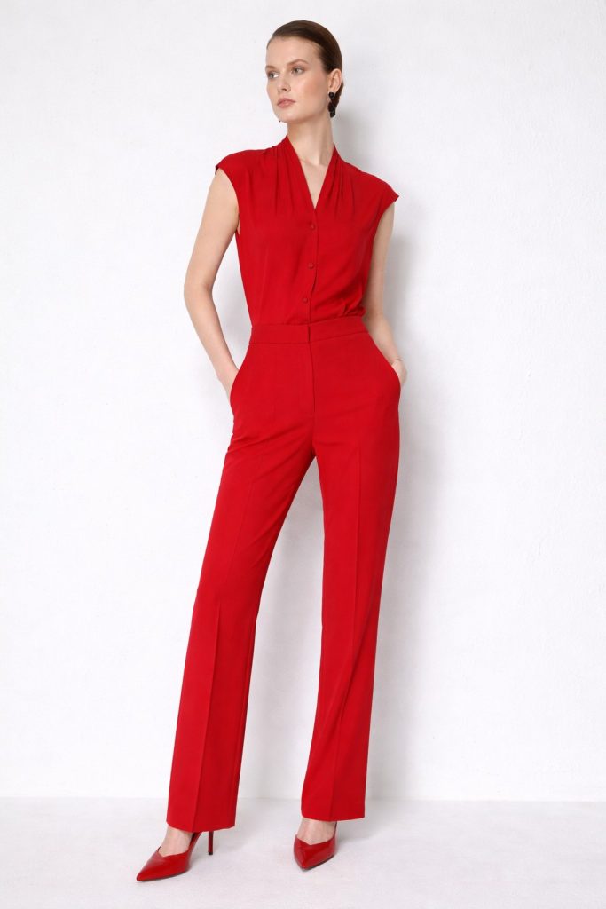 EKOL Yüksel Bel Düz Kesim Pantolon 1126 - KIRMIZI