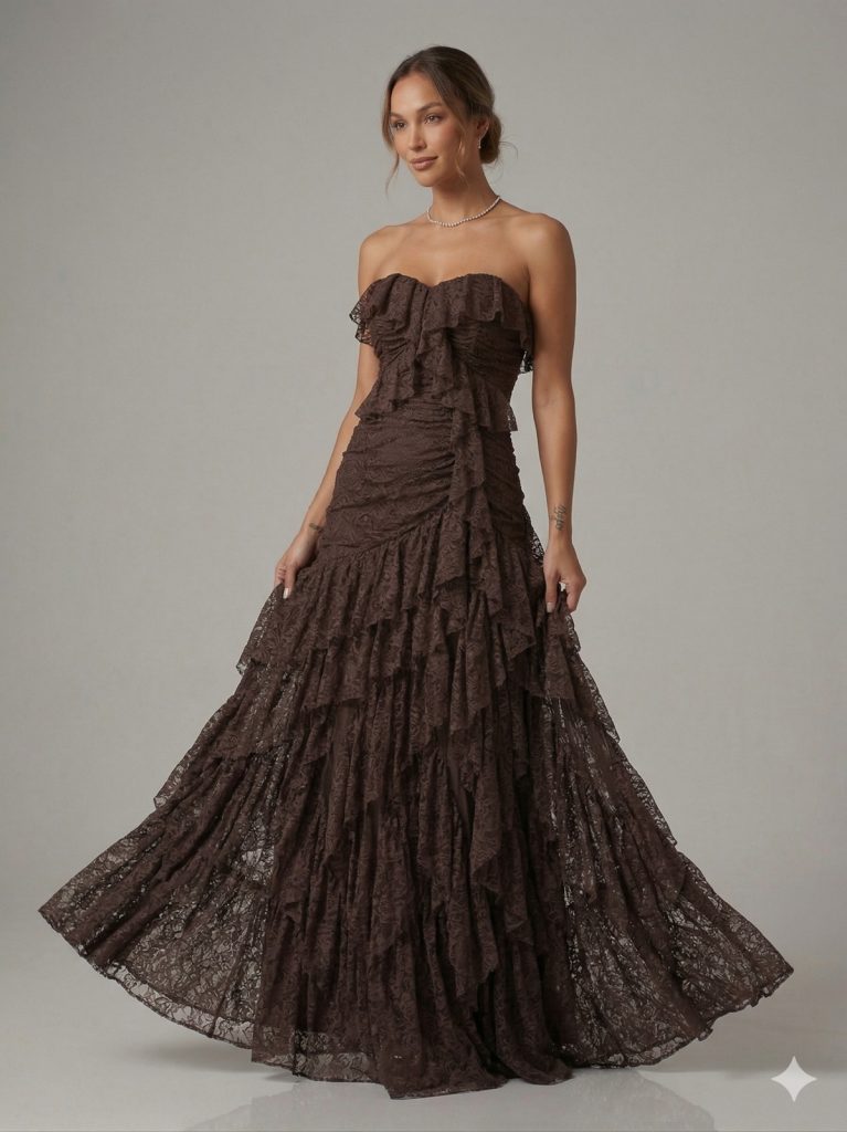 FOR COSTUME Işıltılı Asimetrik Fırfırlı Abiye 10429 - kahve