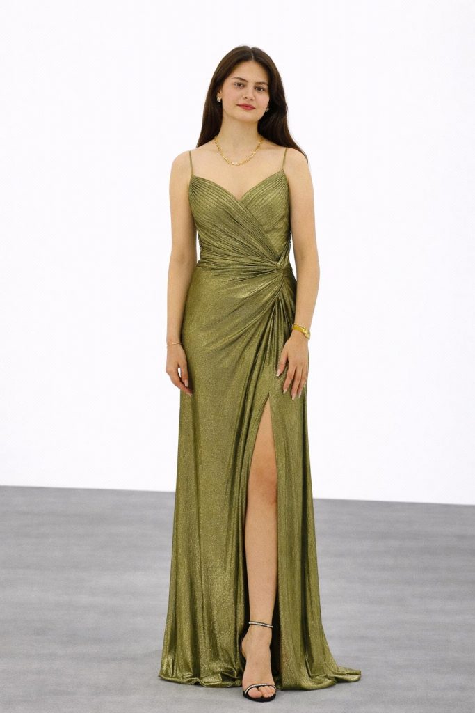 FOR COSTUME Yırtmaç Detaylı Abiye Elbise 10032 - HAKİ