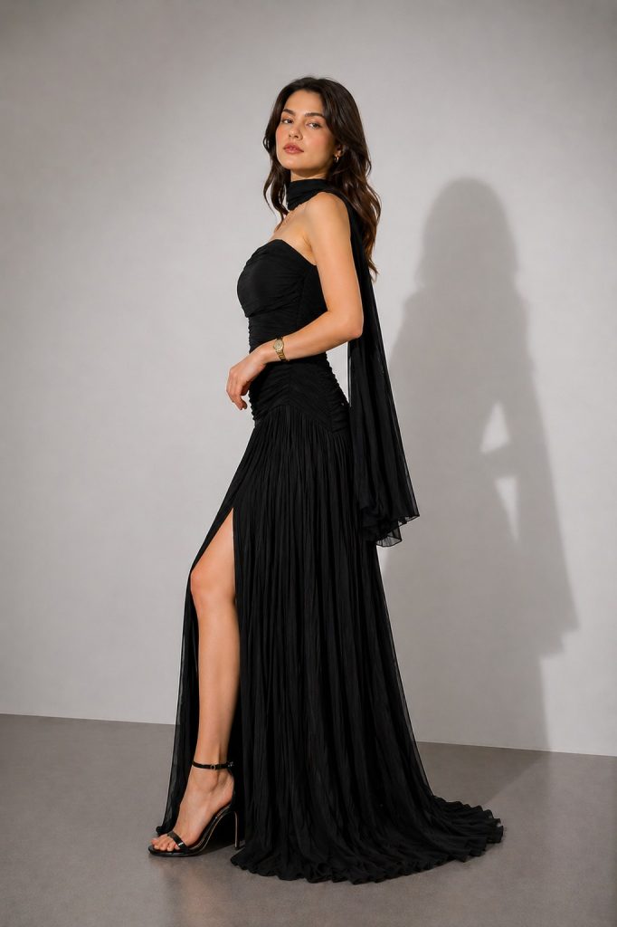 FOR COSTUME Straplez Boyun Deatylı Abiye Elbise 10400 - Siyah